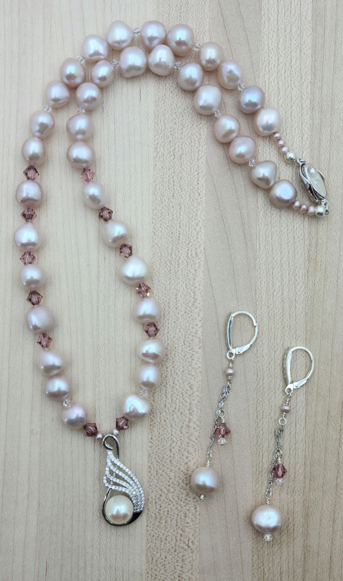 lavender nugget pearls, crystal, & cz necklace & earrings