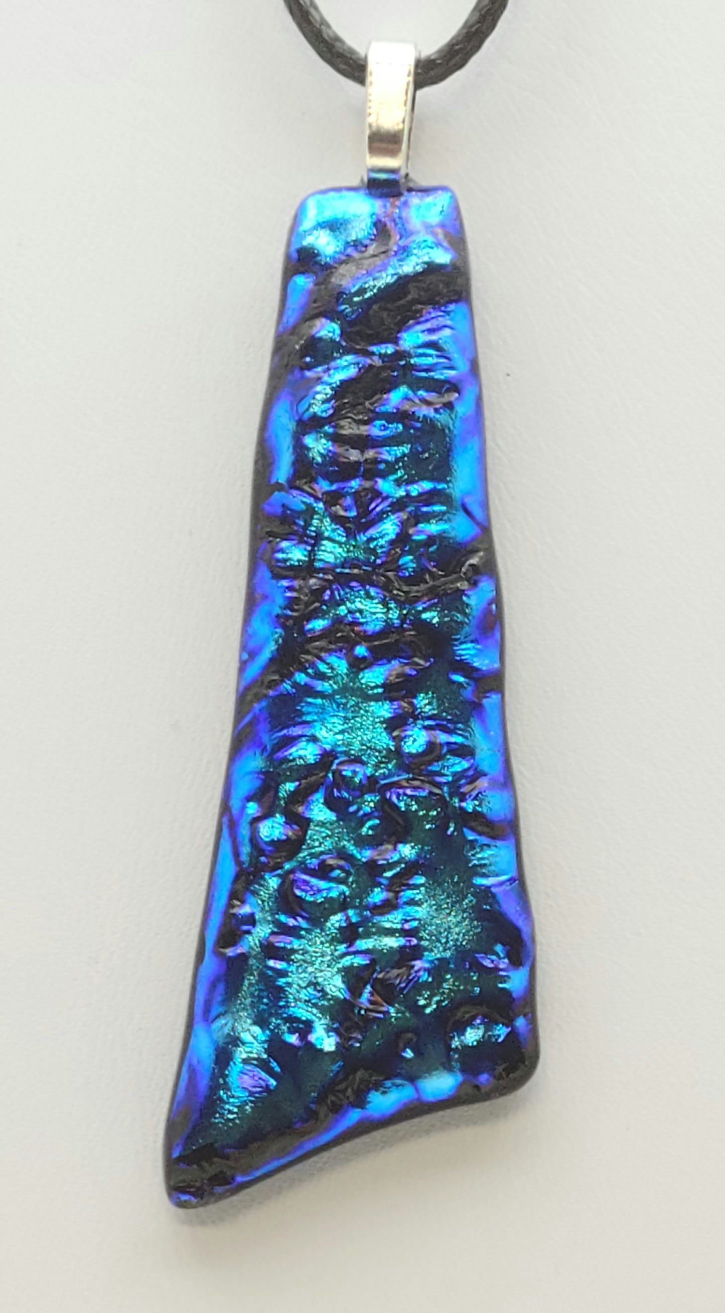 Long Cerulean Dichroic Ripple Fused Glass Pendant