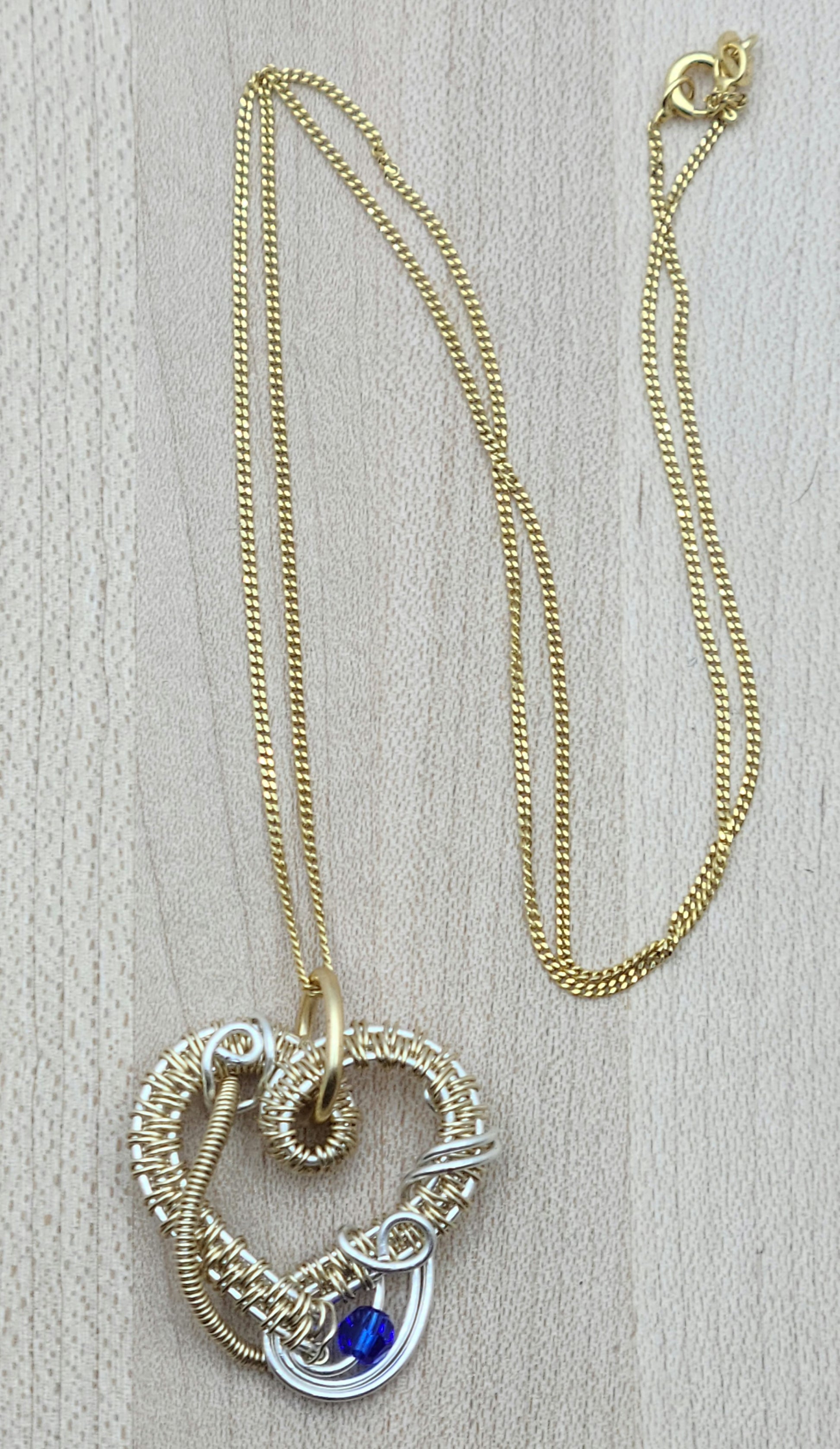 Woven Wire Silver & Gold Fill Delicate Heart w/Blue Crystal