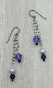 Tanzanite colored crystals & silver crystal pearls  earrigs
