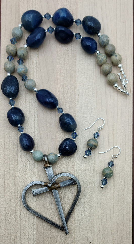Horseshoe Nail Heart/Cross on Chalcedony Necklace & Earrings