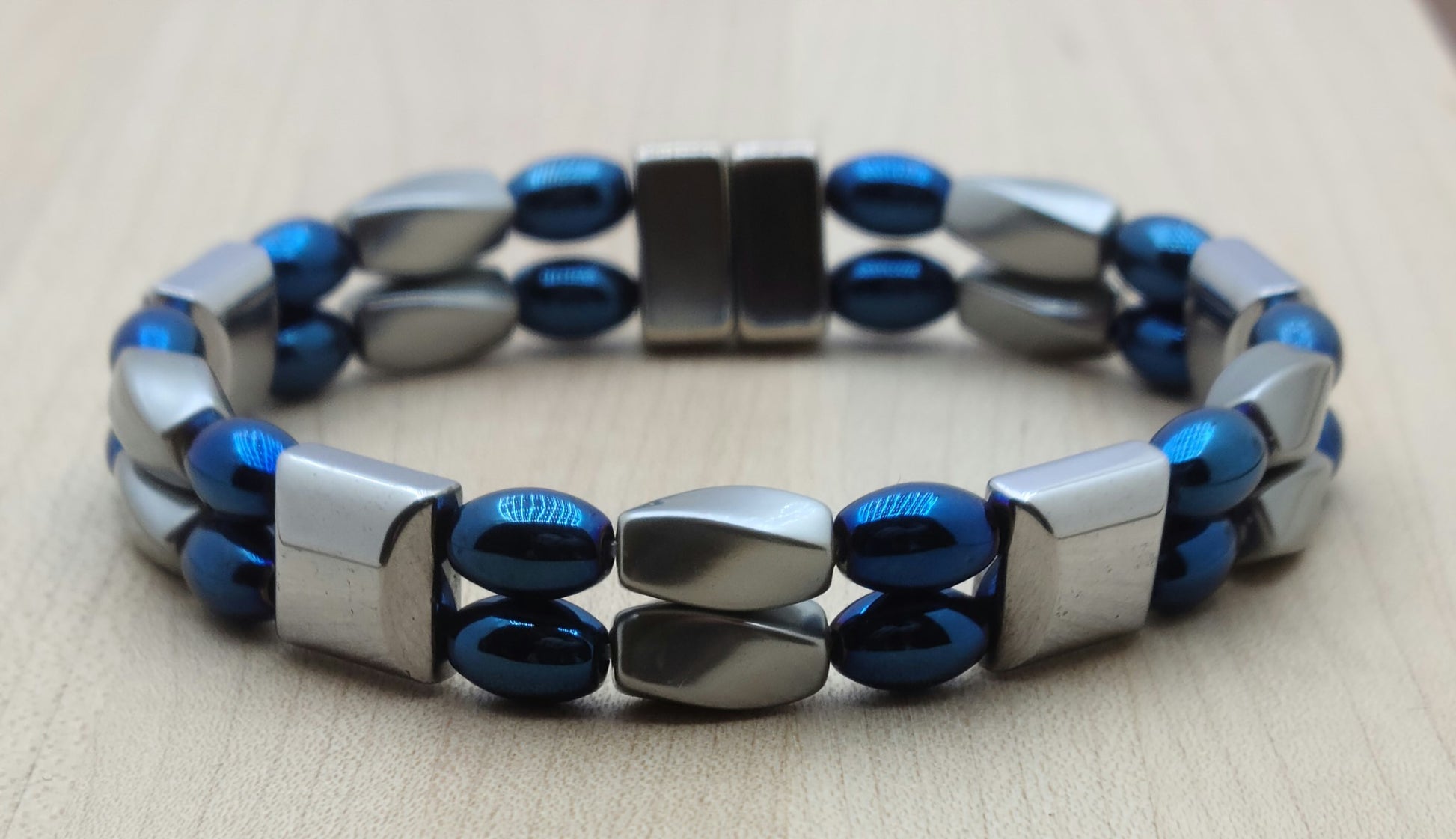 Blue Iris & Pearl Double Row Magnetic Bracelet