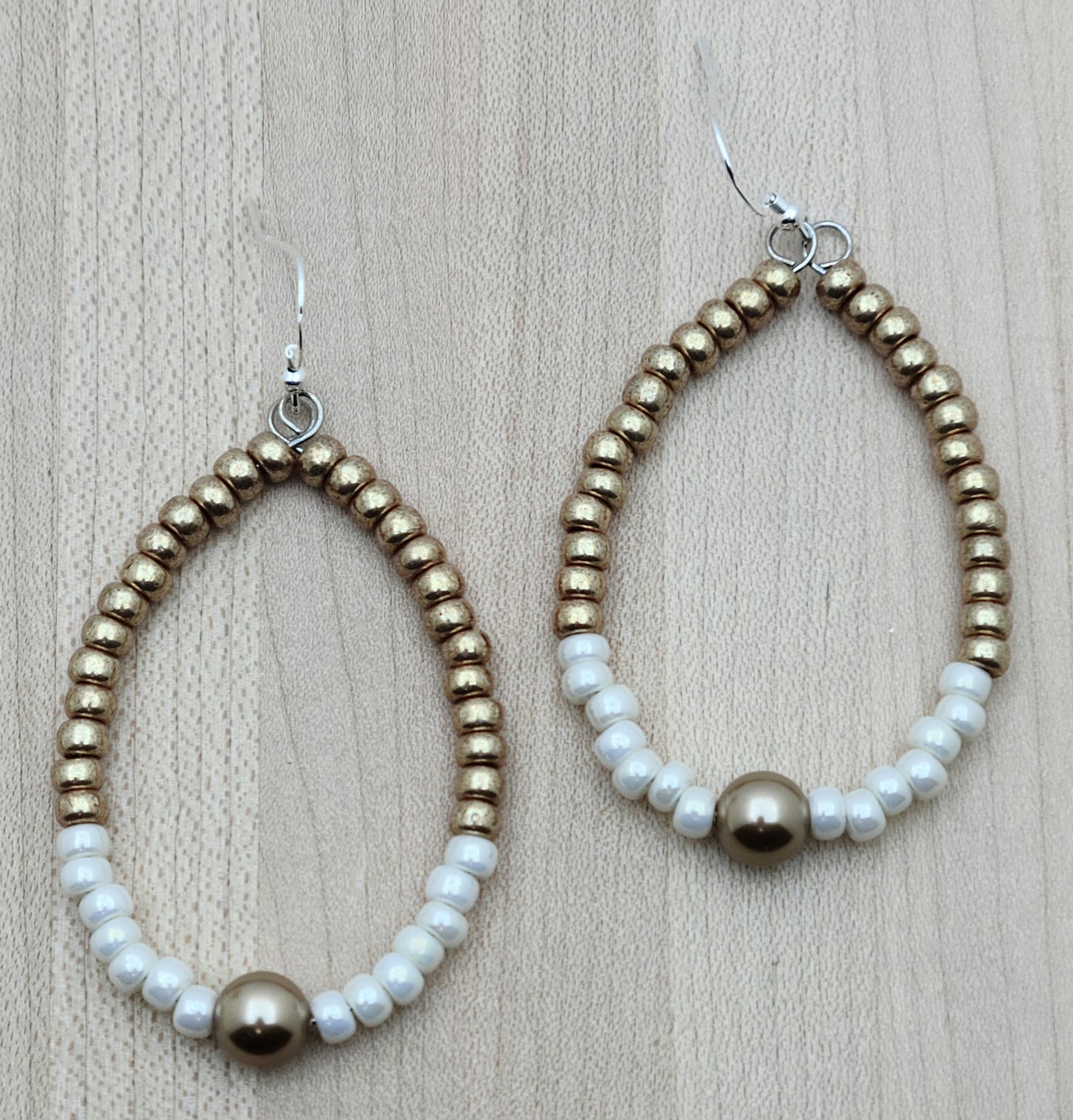 Bronze & Ivory Seed Bead Teardrop Hoop Earrings