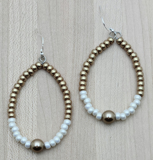 Bronze & Ivory Seed Bead Teardrop Hoop Earrings
