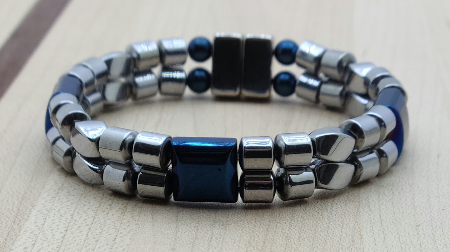 Silver & Metallic Blue Double Row Magnetic Bracelet