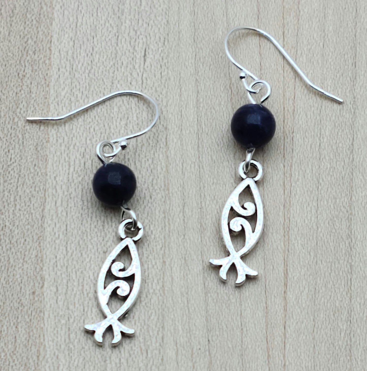 Blue Sodalite & Ichthus Fish Hook Earrings