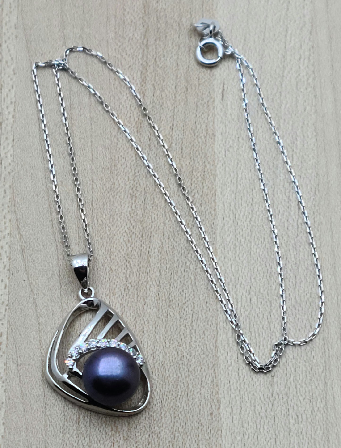 Black Pearl & CZ Triangle Necklace