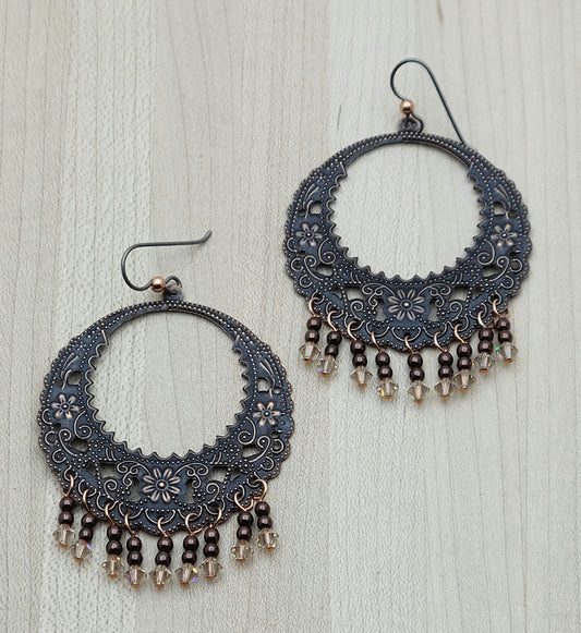 Flowery Copper & Crystal Hoop Earrings