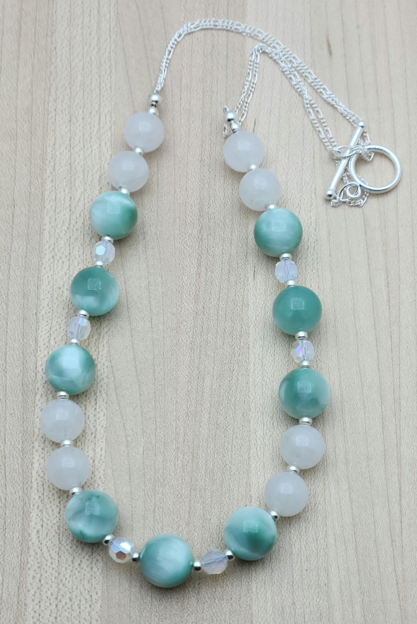 Green Angelite, crystal, white jade, & sterling silver Necklace