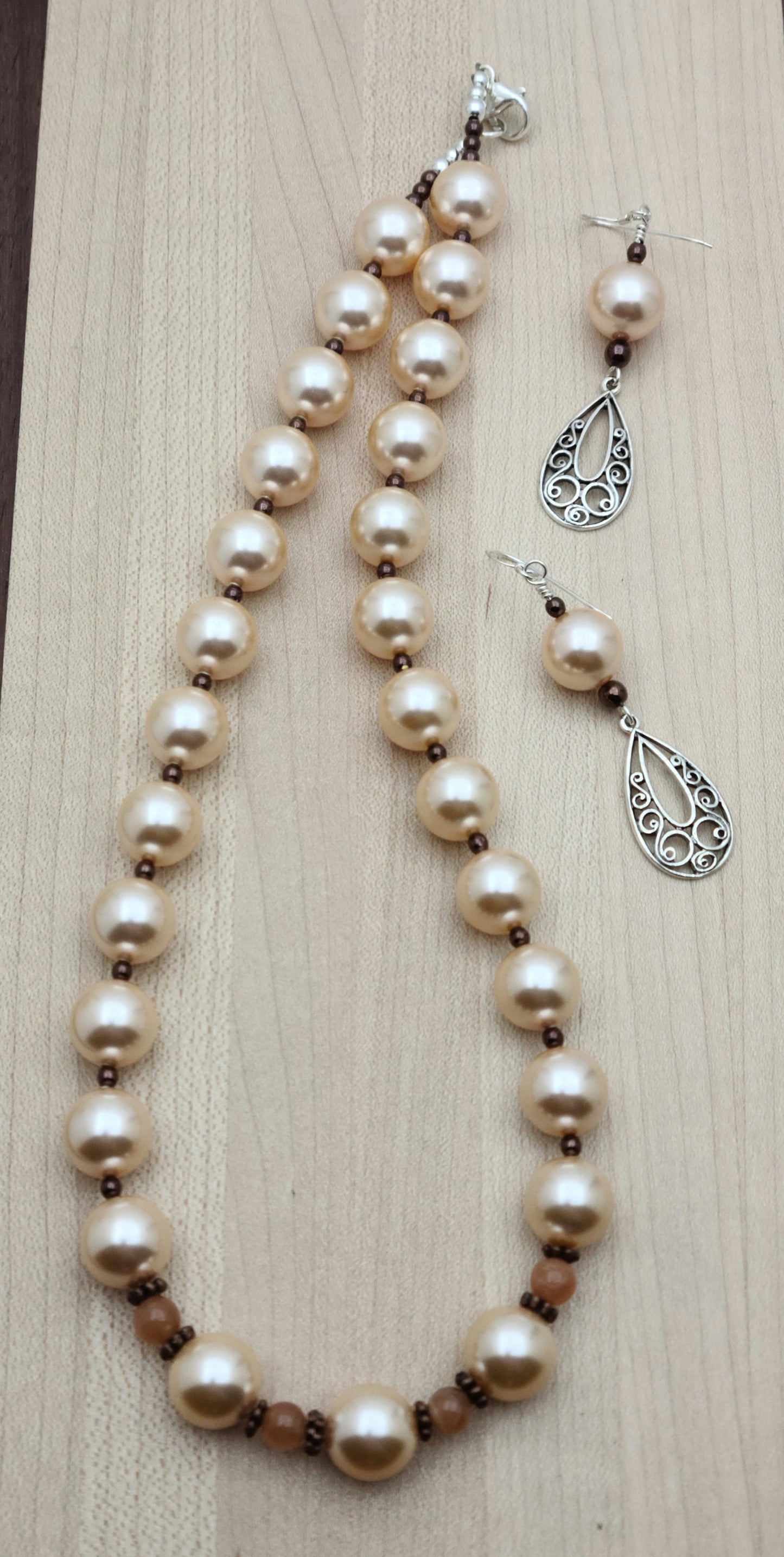 Peach Crystal Pearl Necklace & Earrings
