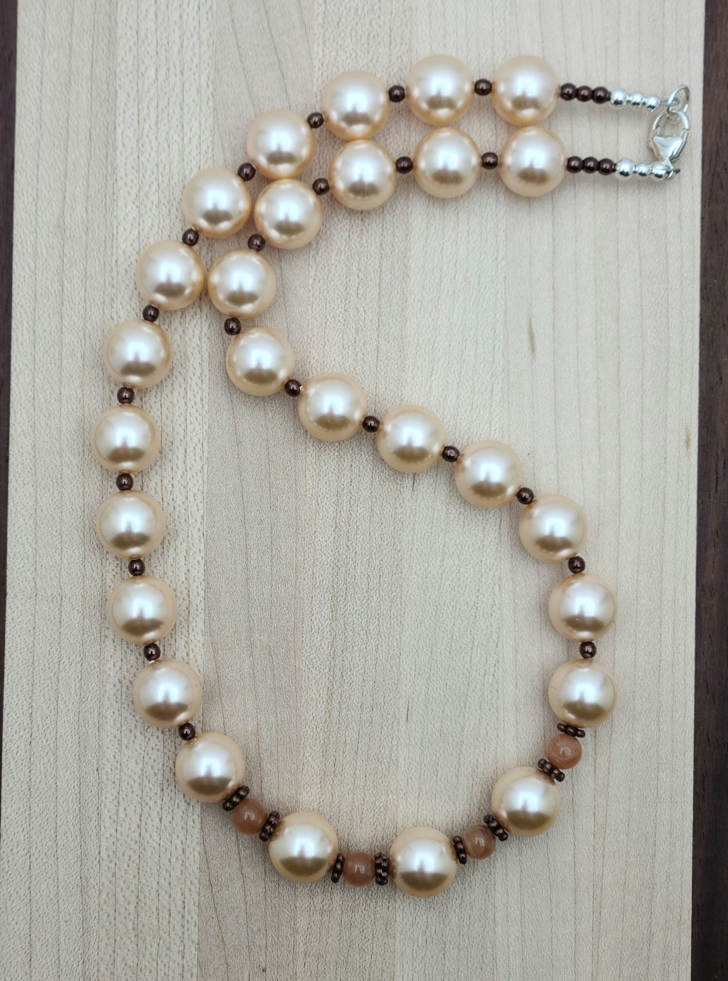 Peach Crystal Pearl, Moonstone, & Rose Gold Hematite Necklace