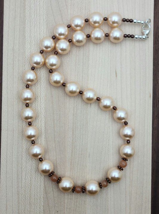 Peach Crystal Pearl, Moonstone, & Rose Gold Hematite Necklace