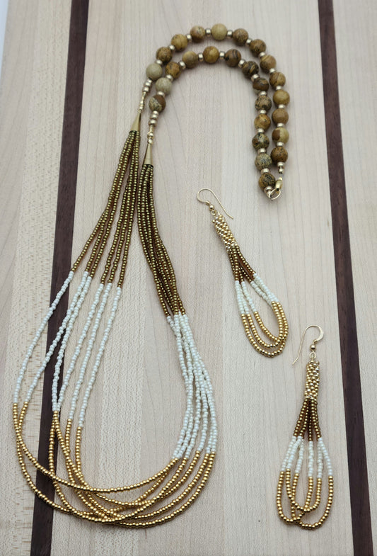 Golden Multi-Strand Premium Seed Bead Necklace & Earrings