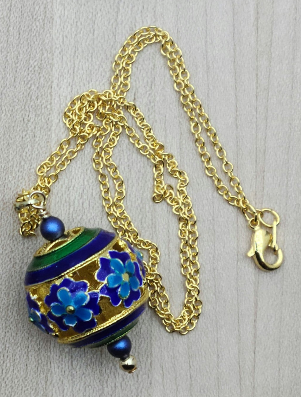 Blue & Gold Cloisonné Flowers Necklace & Earrings