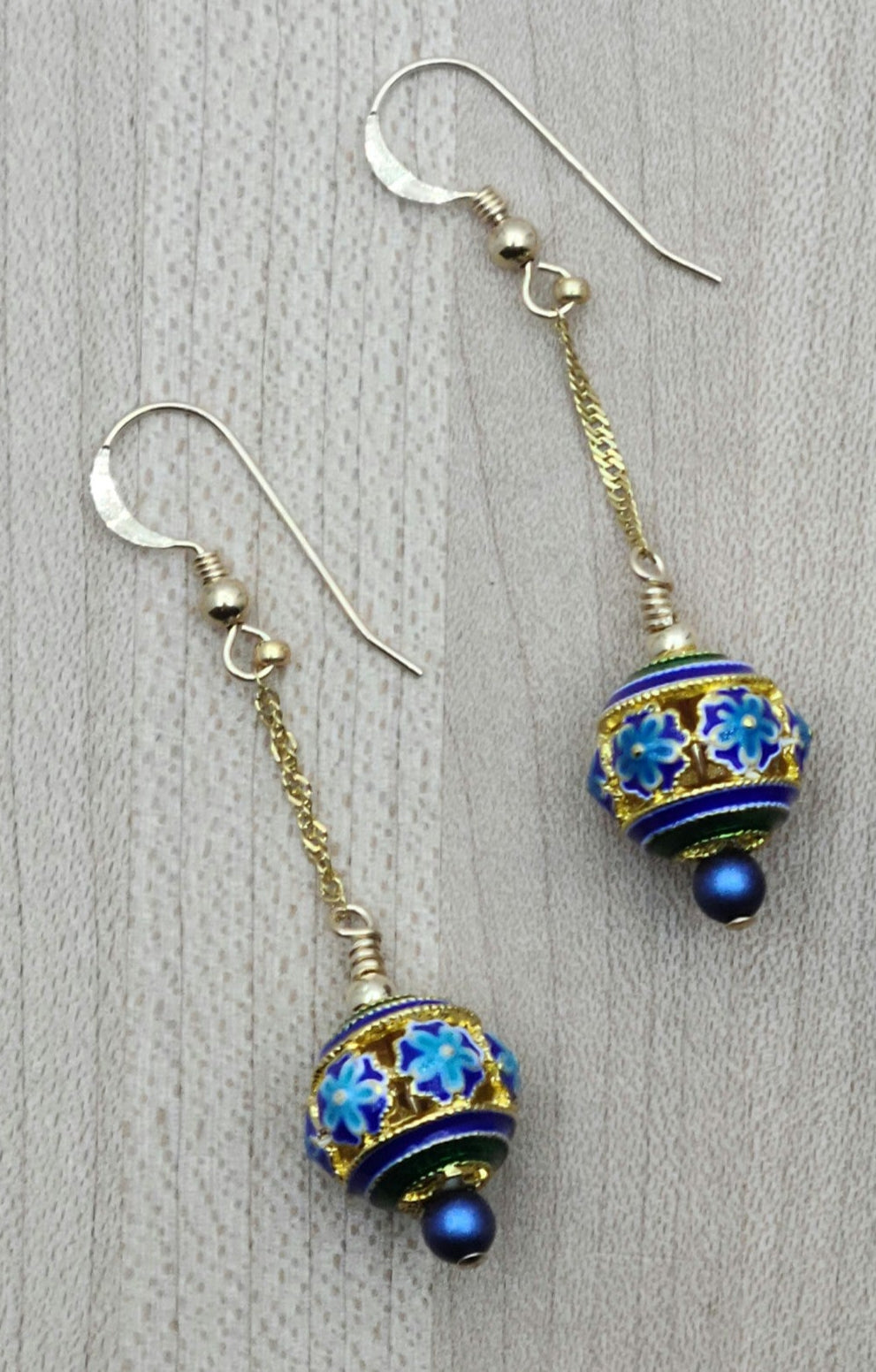 Blue & Gold Cloisonné Flowers Necklace & Earrings