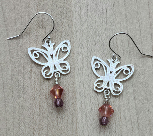 Sterling Silver Lacy Butterfly Earrings with peach & amethyst crystals