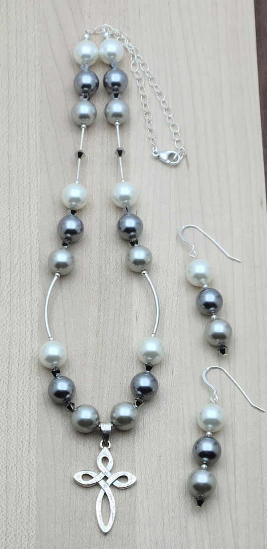 Cross & white, silver, &  grey Shell Pearls Necklace & Earrings