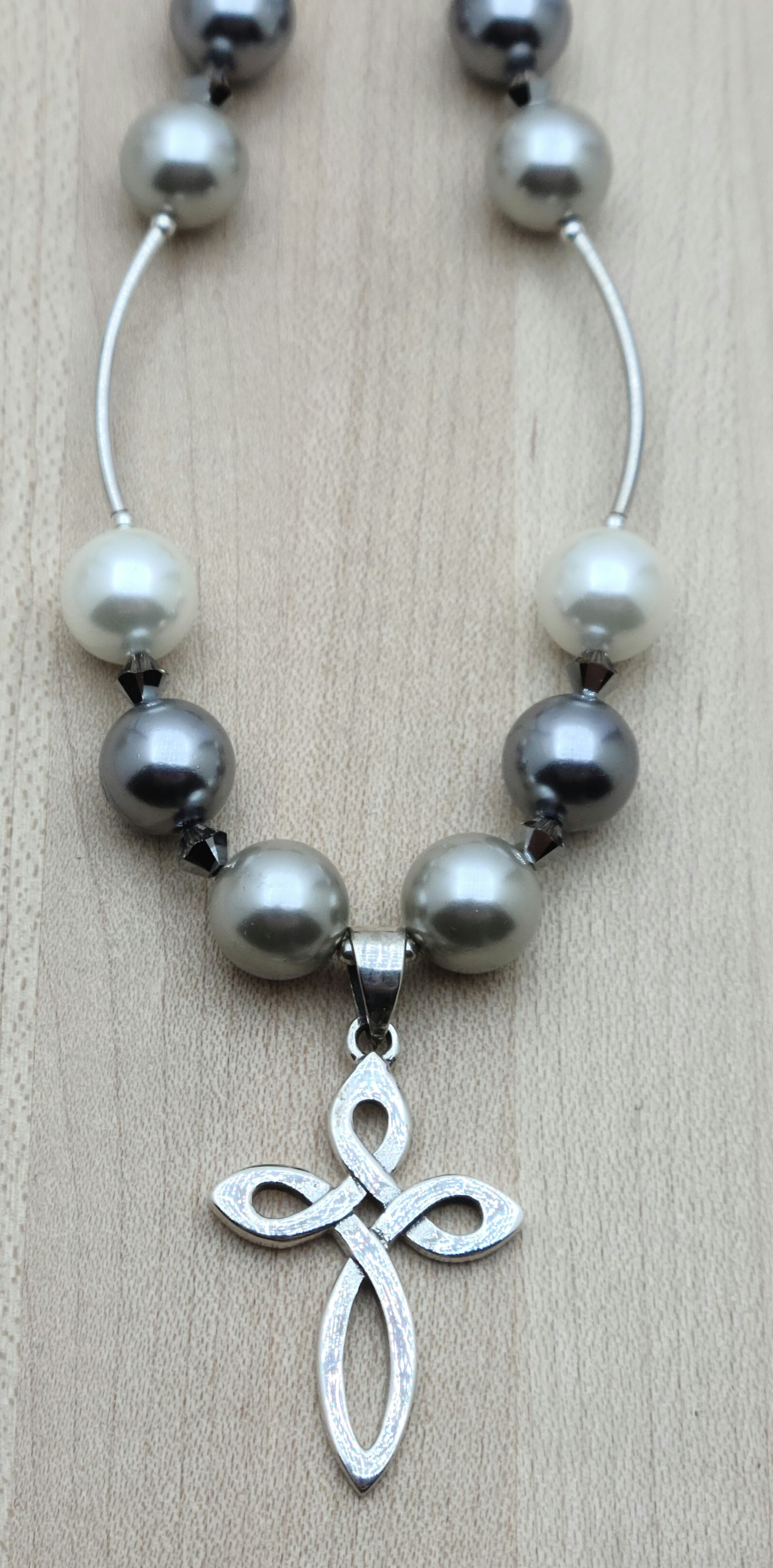 Cross & white, silver, &  grey Shell Pearls Necklace