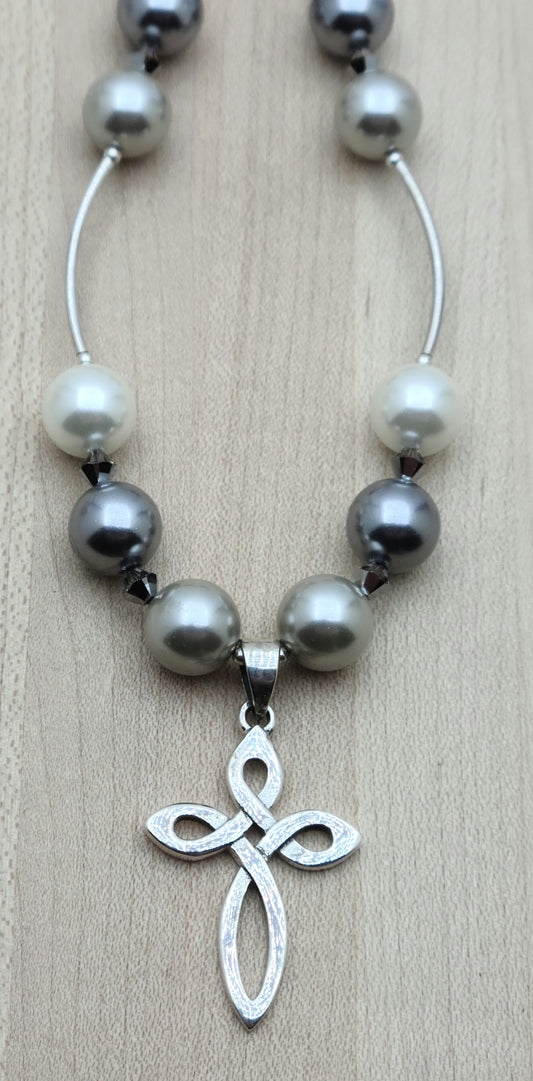 Cross & white, silver, &  grey Shell Pearls Necklace