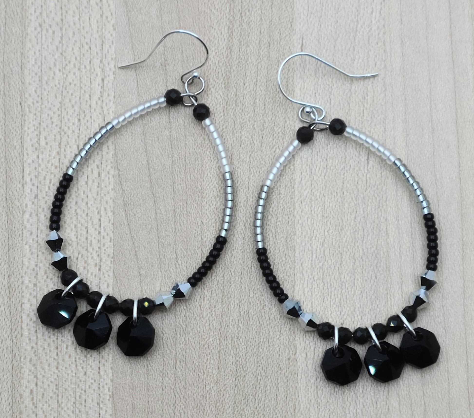 Tuxedo Hoop Earrings - black, silver, white Miyuki seed beads with crystal dangles