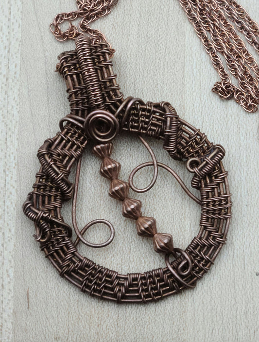Woven Wire Antiqued Copper Hoop Pendant