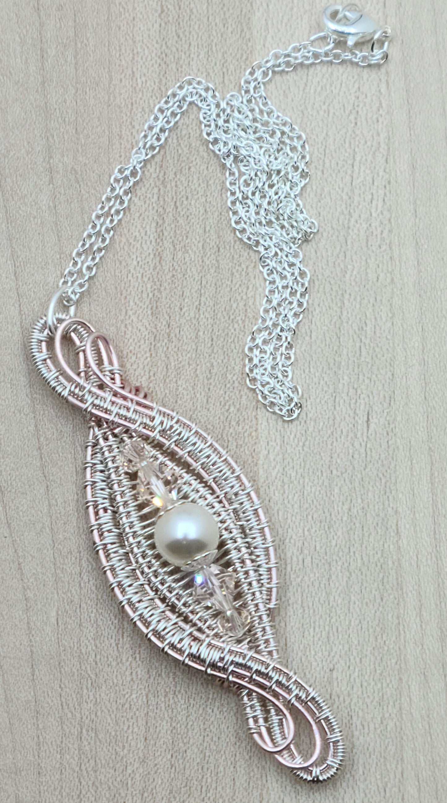 Woven Wire Blush & Silk Pendant with crystal & crystal pearl