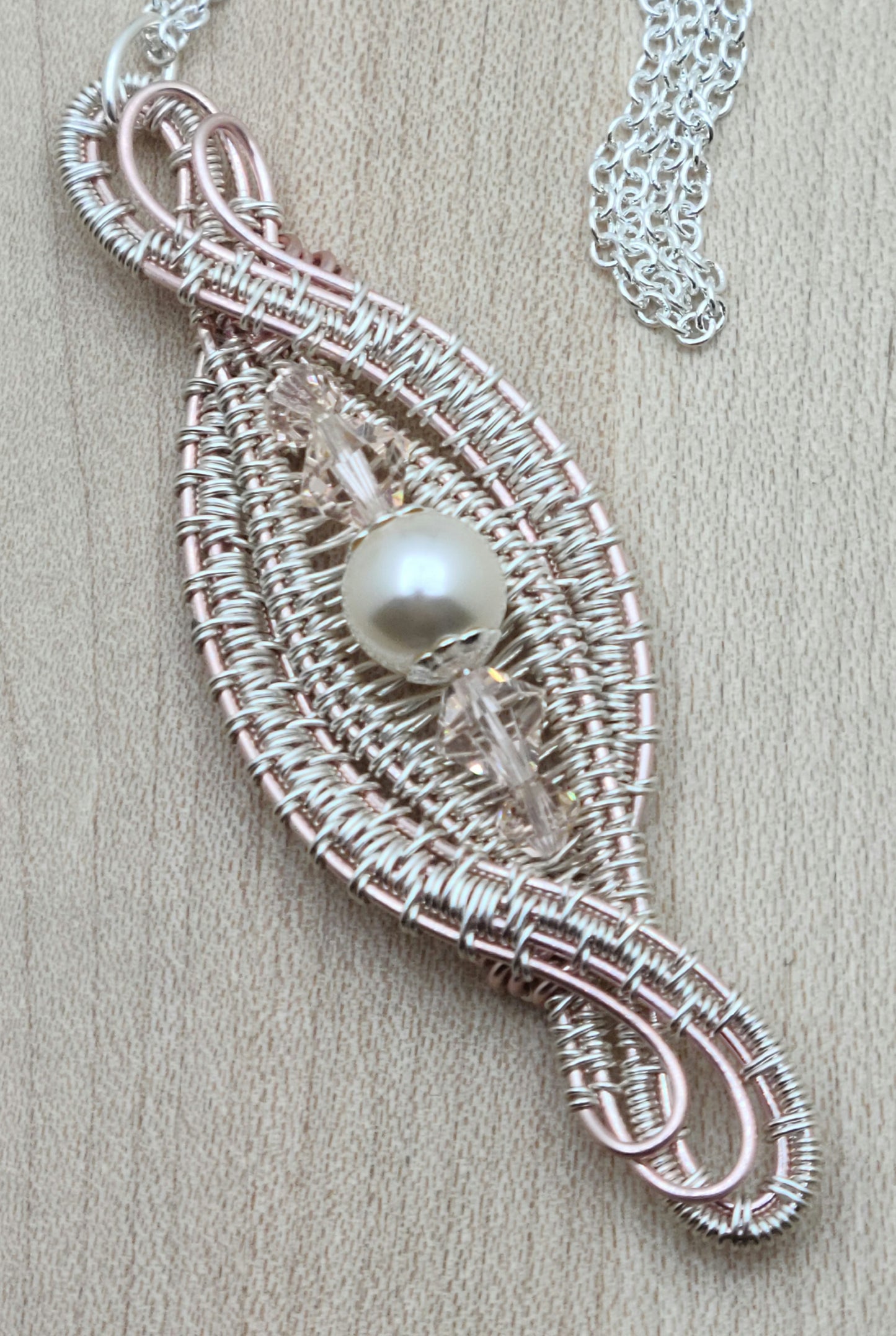 Woven Wire Blush & Silk Pendant with crystal & crystal pearl