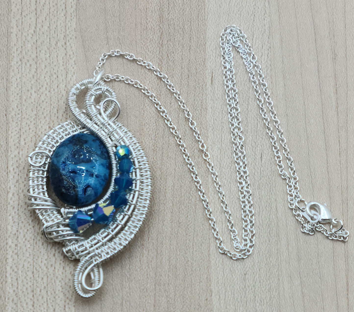 Woven Wire Larimar Blue Crazy Lace & Caribbean Blue Crystal Pendant