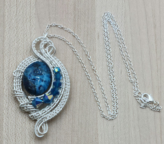 Woven Wire Larimar Blue Crazy Lace & Caribbean Blue Crystal Pendant