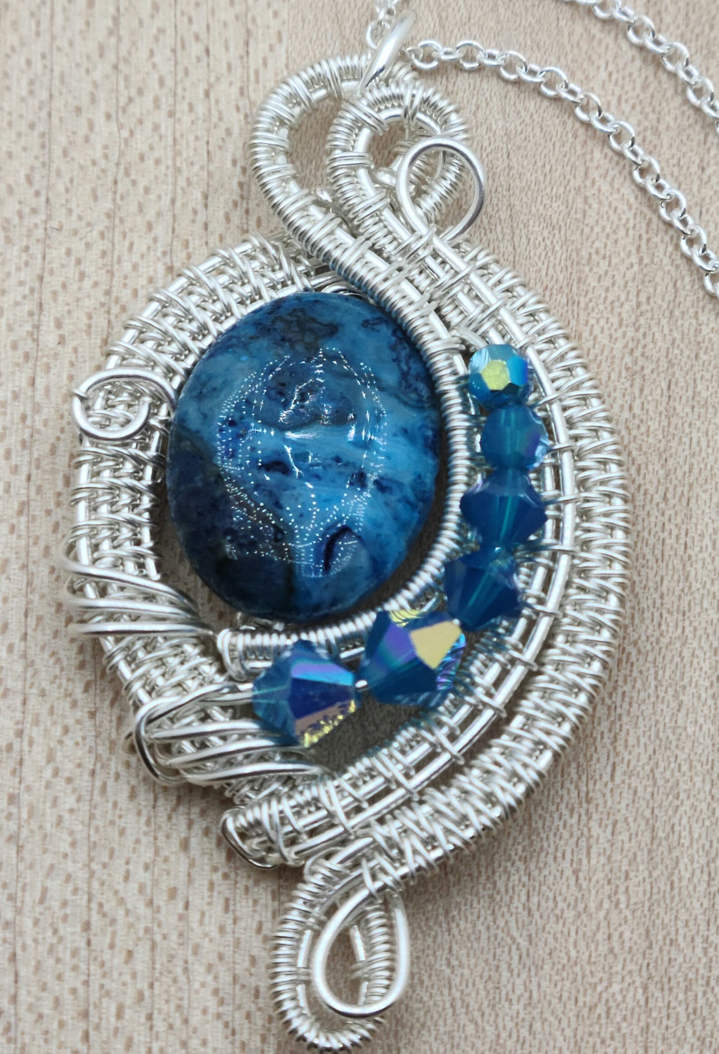 Woven Wire Larimar Blue Crazy Lace & Caribbean Blue Crystal Pendant