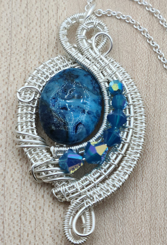 Woven Wire Larimar Blue Crazy Lace & Caribbean Blue Crystal Pendant