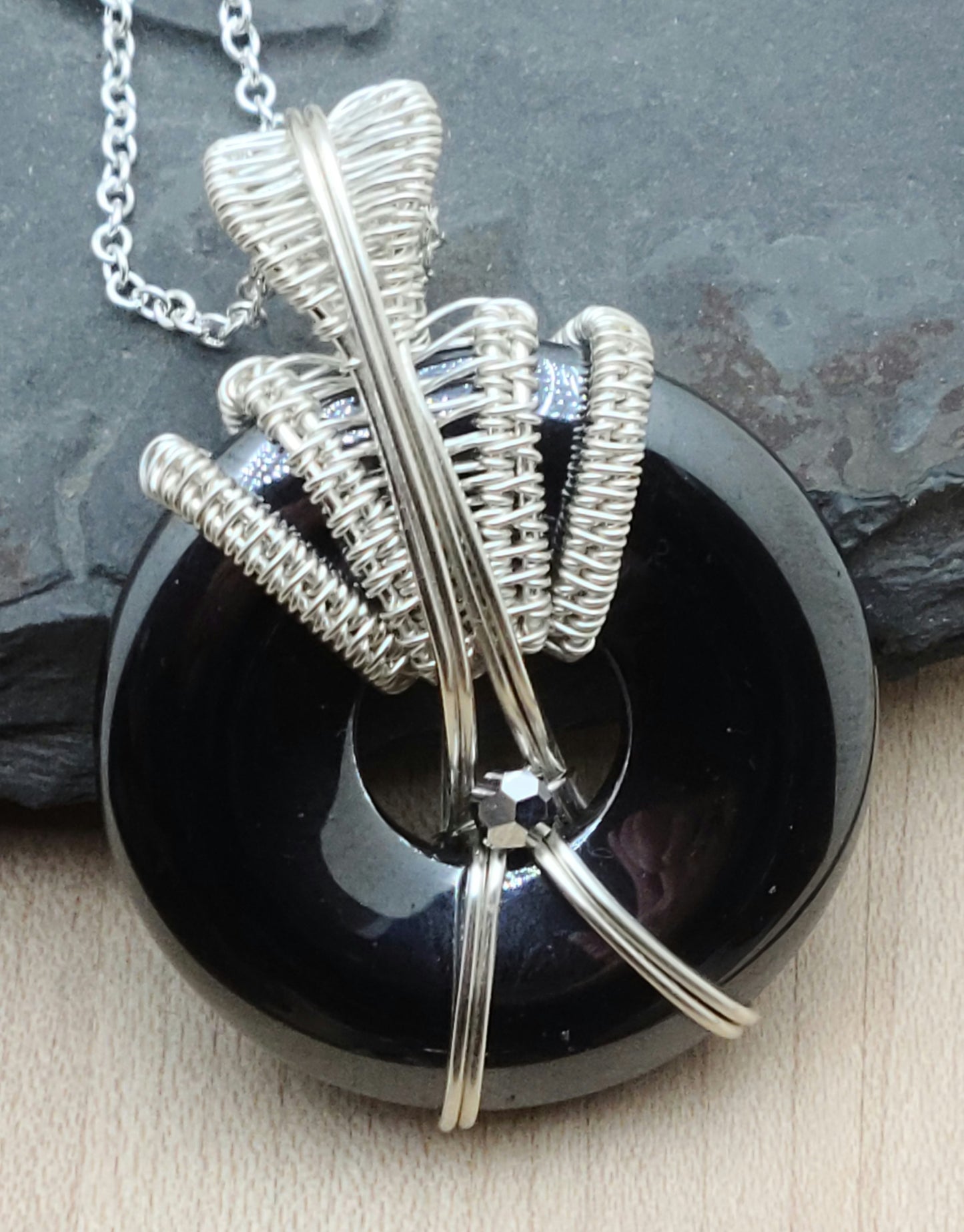Woven Wire Hematite Donut with Crystal
