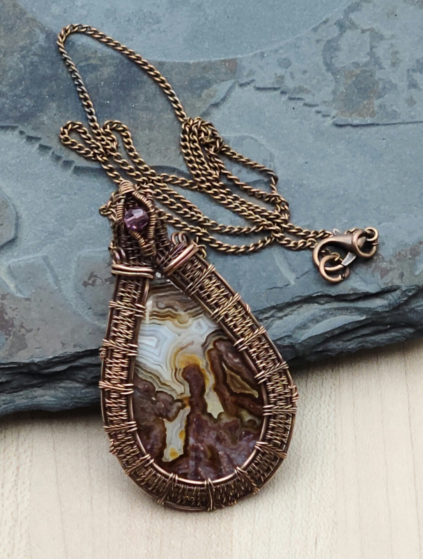Woven Copper Wire Framed Crazy Lace Teardrop with crystal