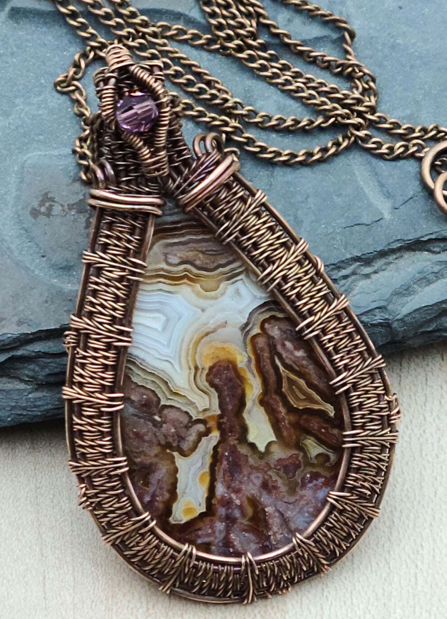 Woven Copper Wire Framed Crazy Lace Teardrop with crystal