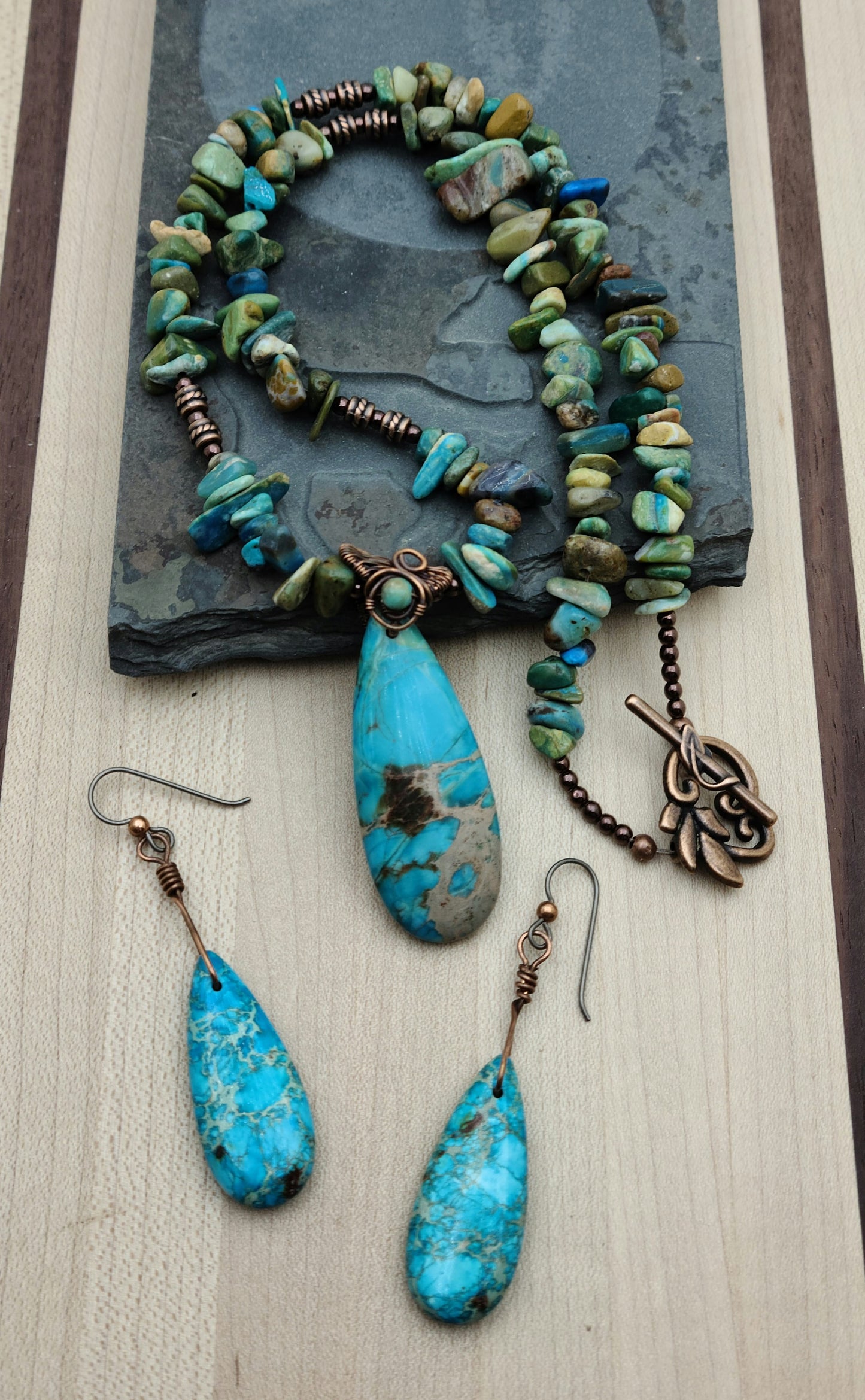 Turquoise Impression Jasper Necklace with woven wire bail & earrings with copper & niobium ear wires