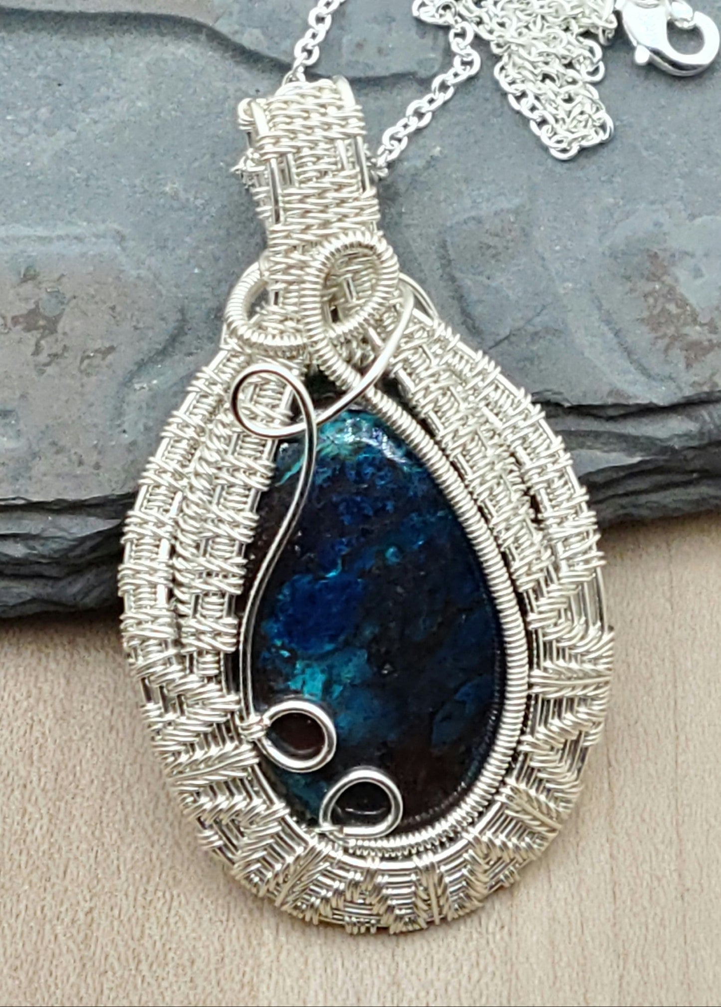 Azurite with an intricate woven wire frame of silver plated tarnish resistant copper