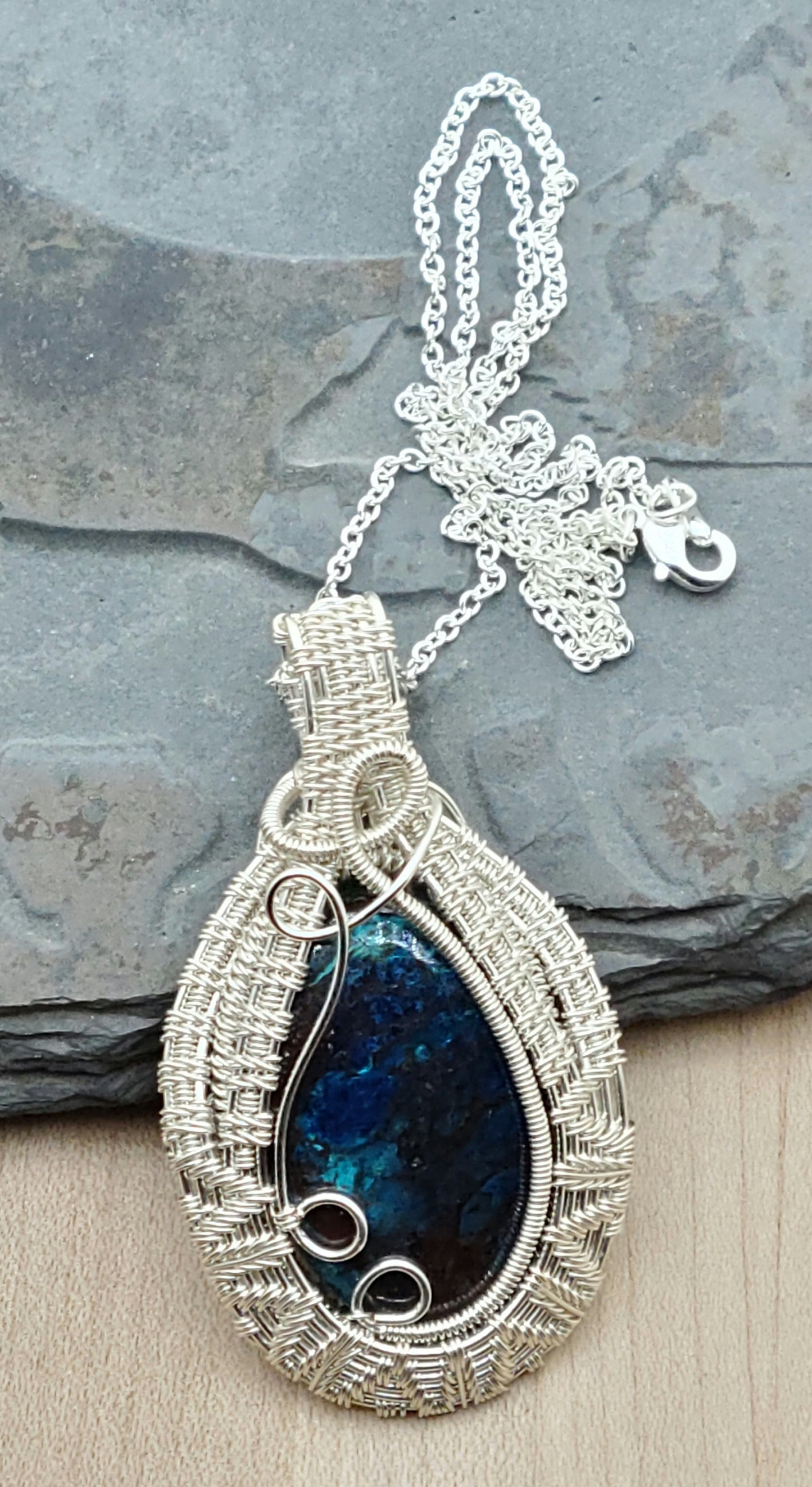 Azurite with an intricate woven wire frame of silver plated tarnish resistant copper