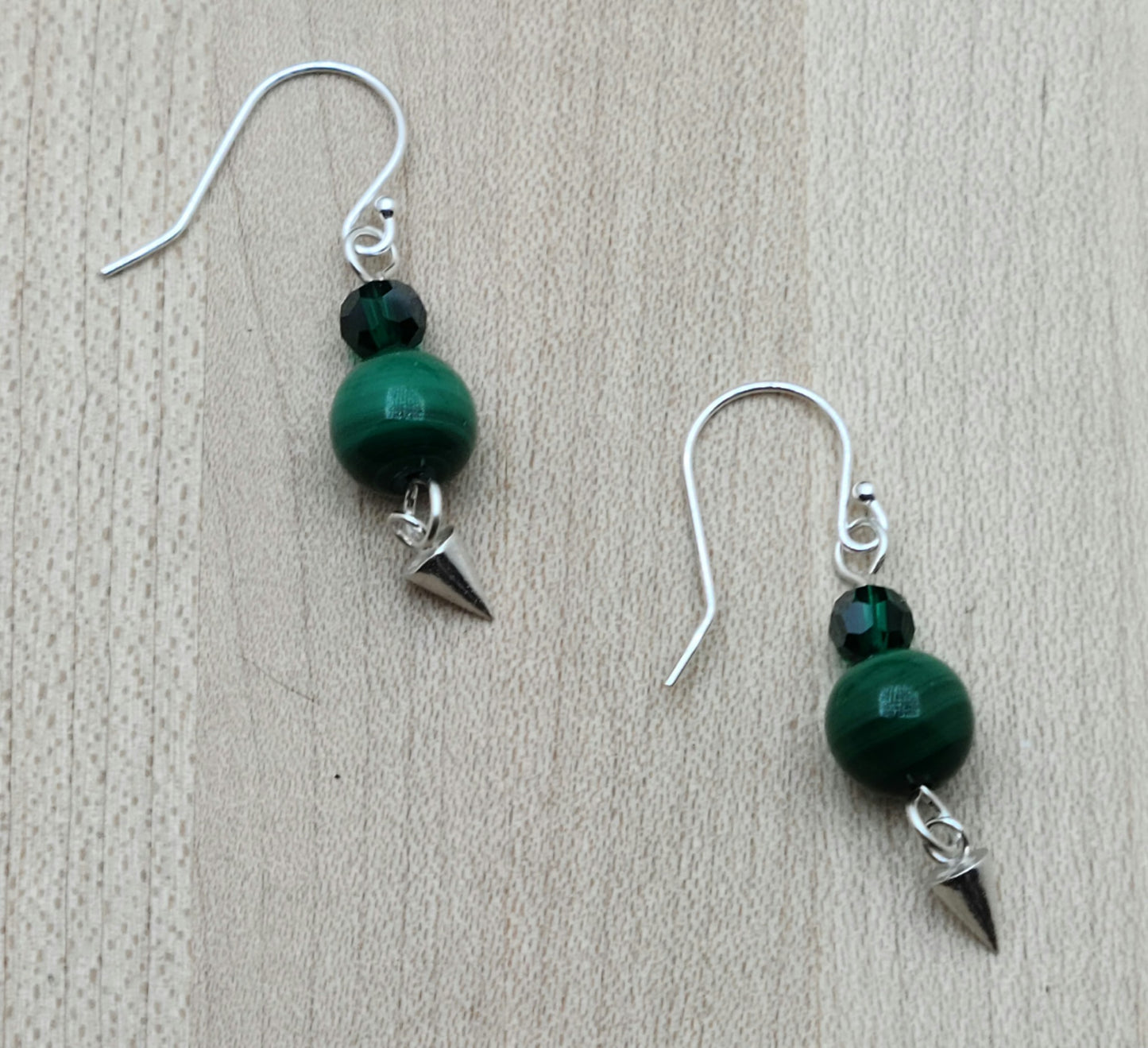 Malachite, crystal, & Sterling Silver fish hook earrings