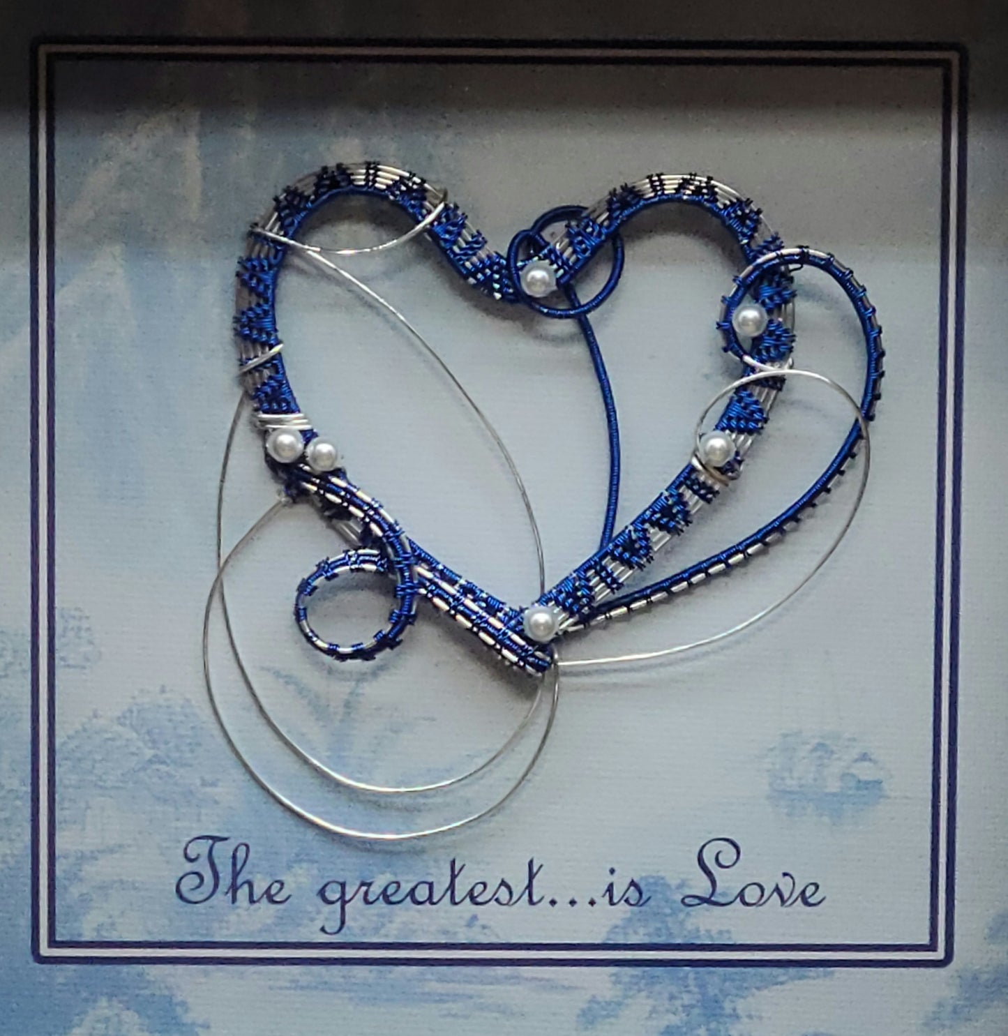 Bright Blue Woven Wire & Crystal Pearls Heart Large Shadow Box