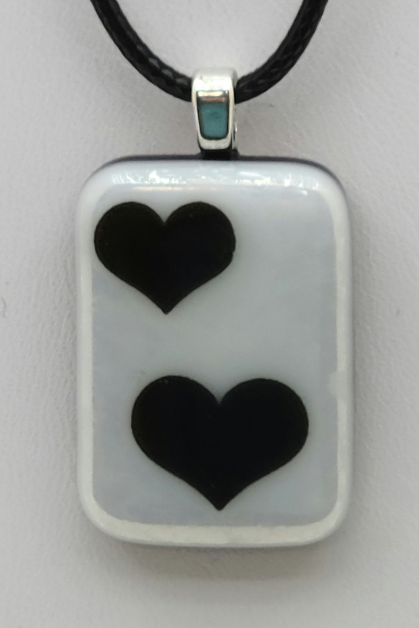 2 Black Hearts on White Fused Glass Pendant