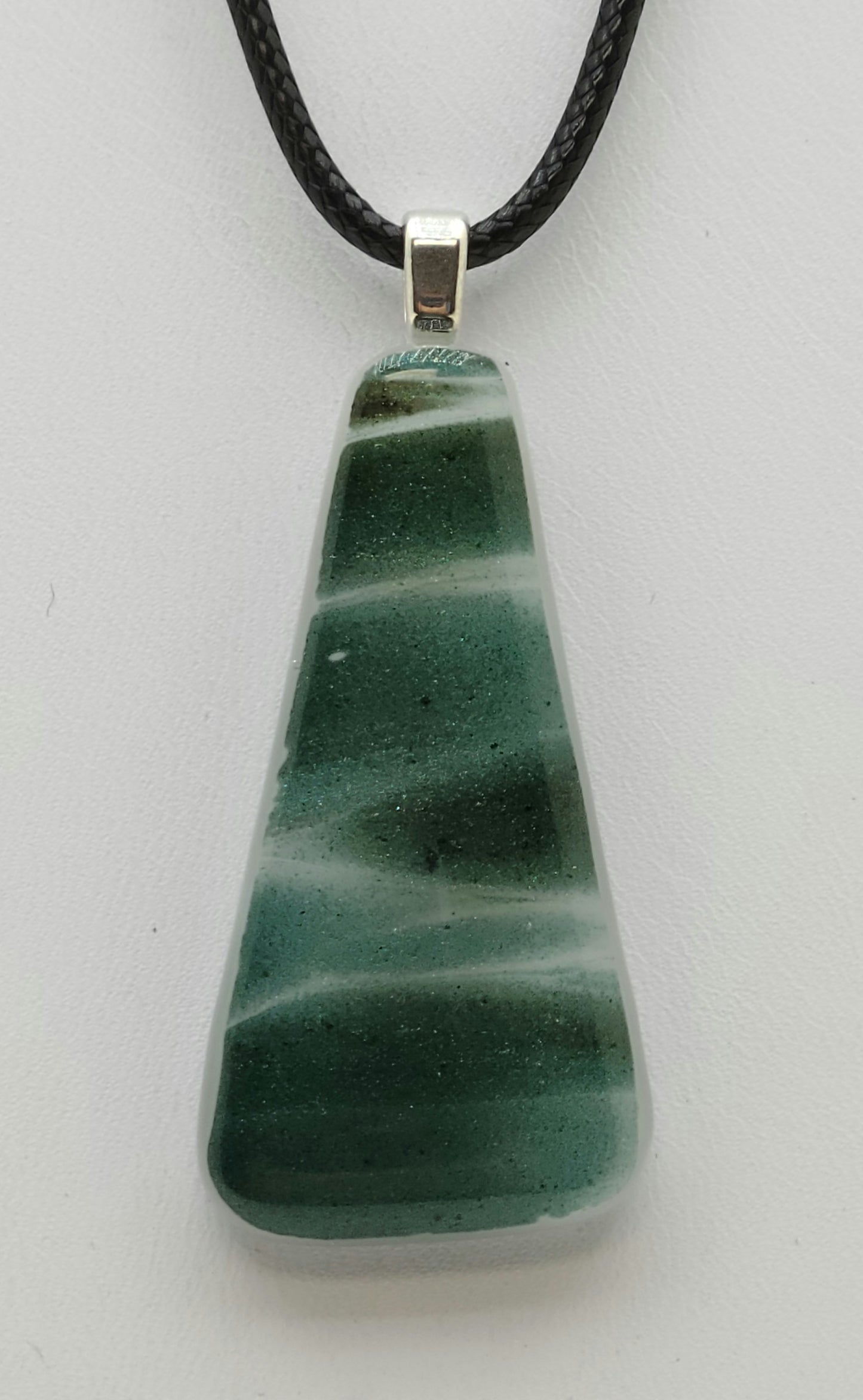 Swathes of Green Sparkles float across this Trapezoid Fused Glass Pendant