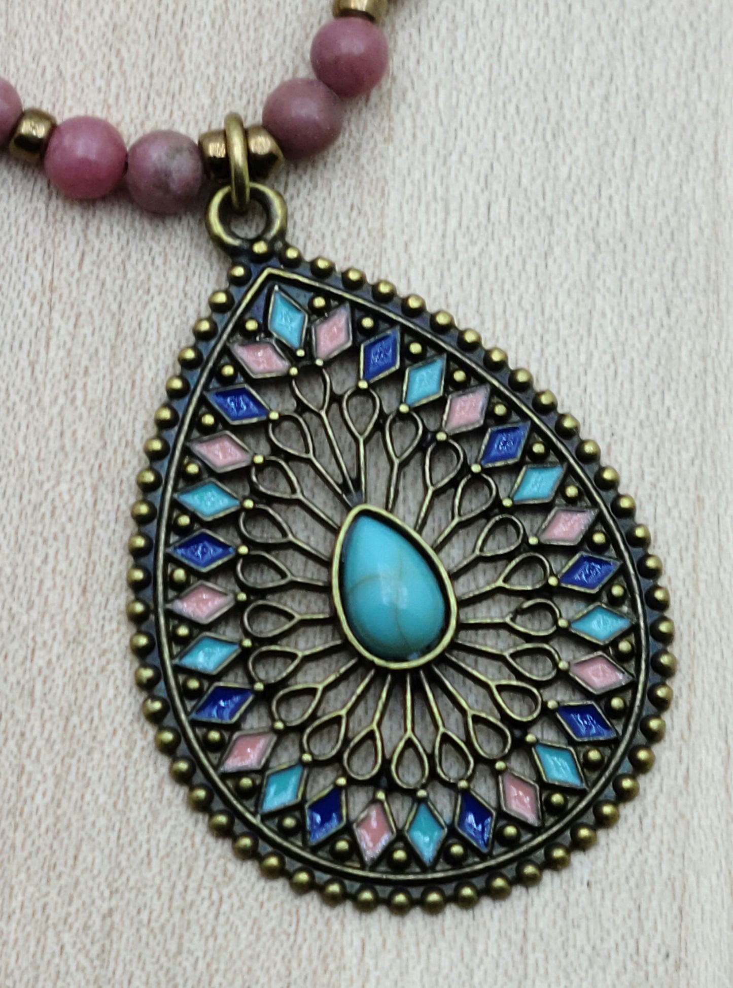 brass teardrop pendant of Pink/Blue/Turquoise