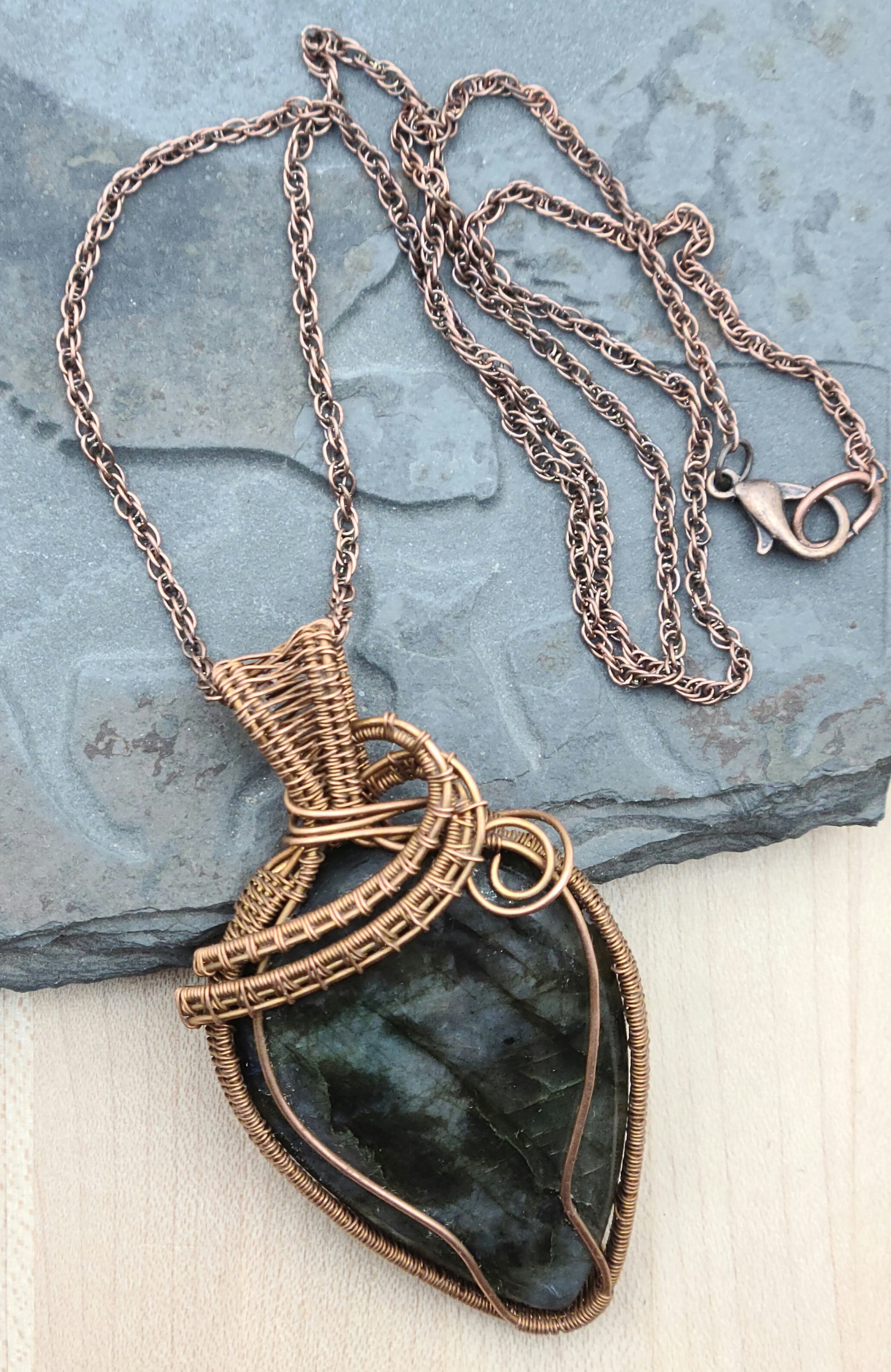 Woven Wire Labradorite Teardrop Pendant with copper frame
