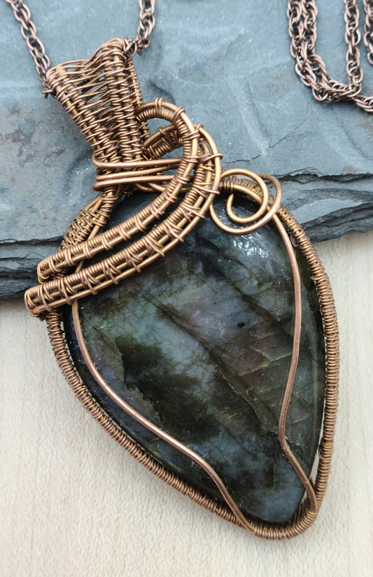 Woven Wire Labradorite Teardrop Pendant with copper frame