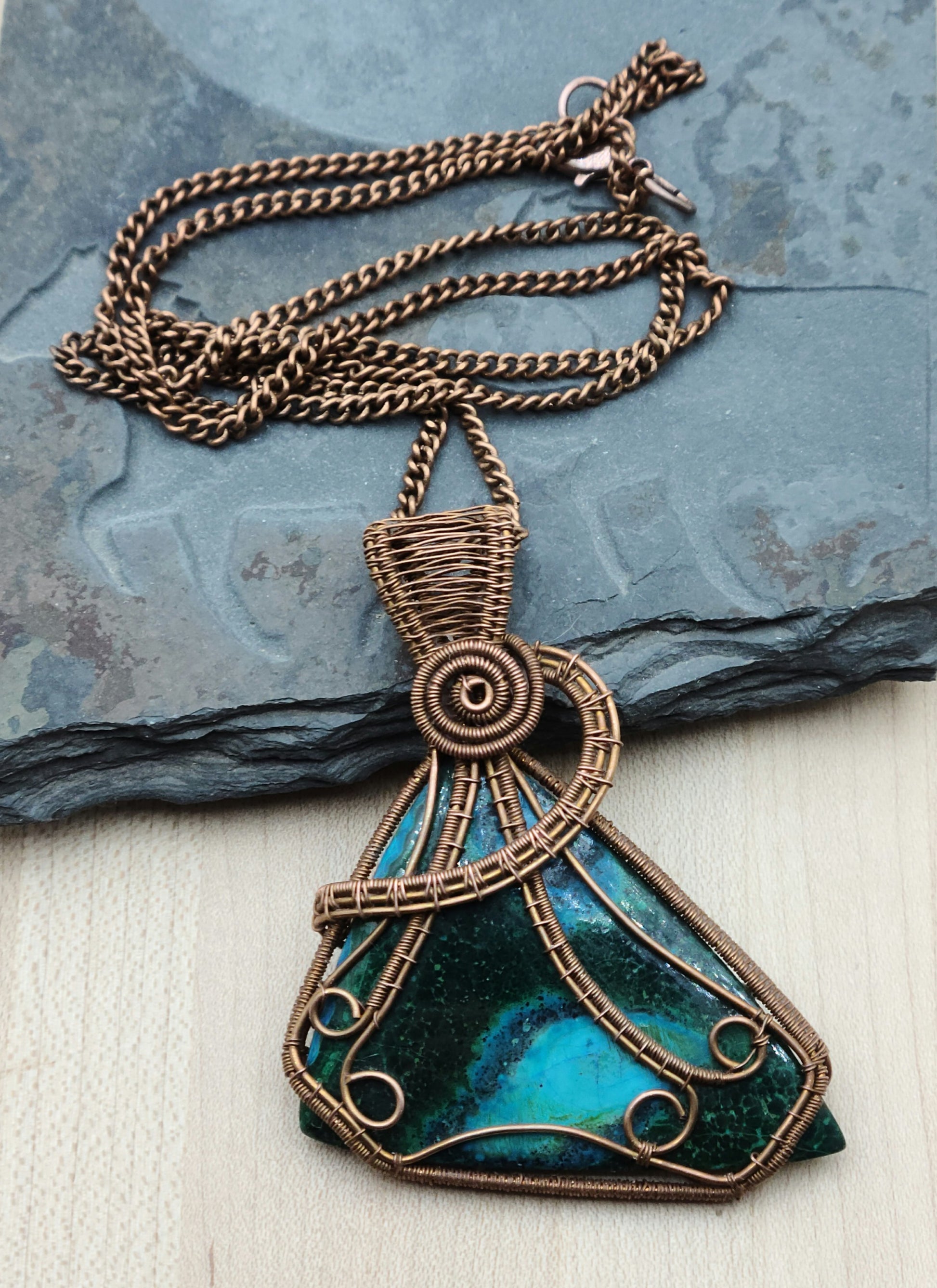 Woven Wire Malachite Triangle Pendant framed with antique copper wire