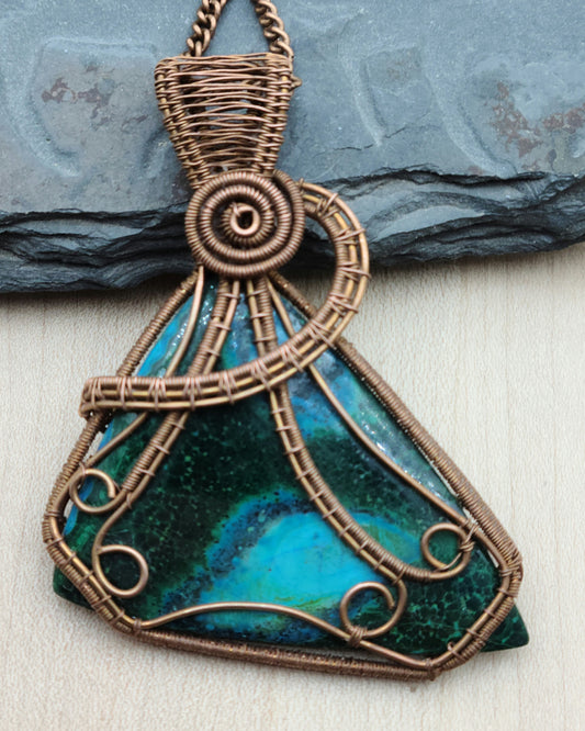 Woven Wire Malachite Triangle Pendant framed with antique copper wire