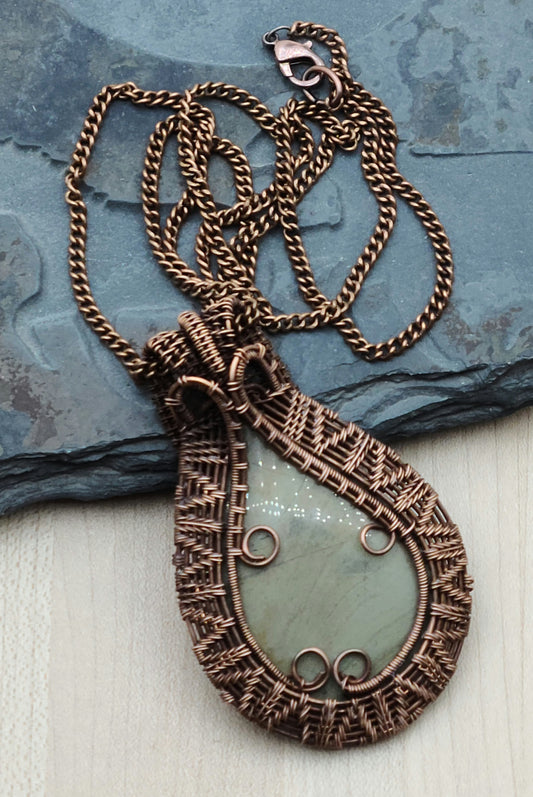 Woven Wire Silver Jasper Teardrop Pendant (which really looks more green) framed in woven copper