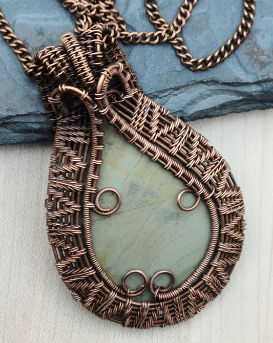 Woven Wire Silver Jasper Teardrop Pendant (which really looks more green) framed in woven copper