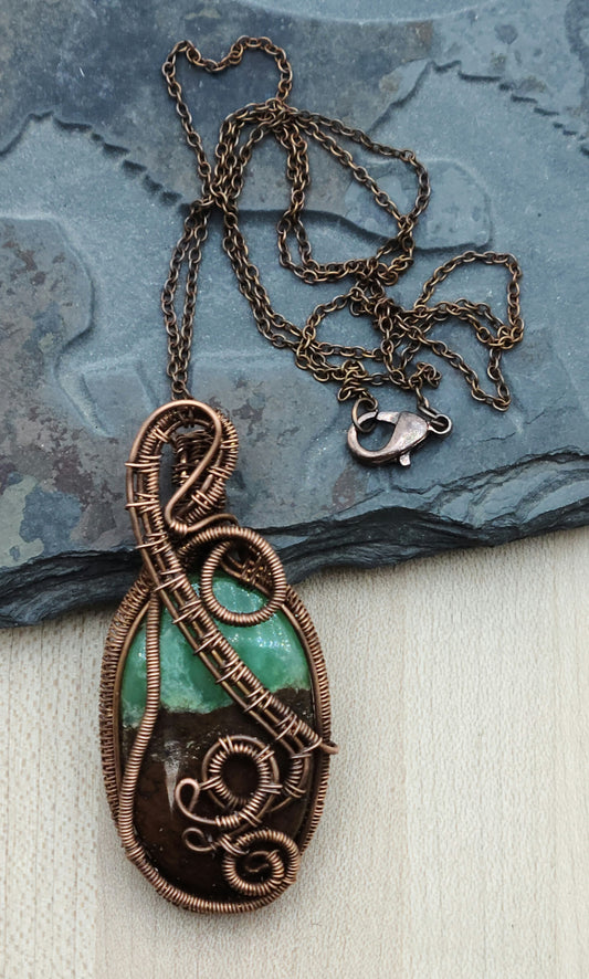 Antique Copper Woven Wire Framed Apple Green & Brown Bio Chrysoprase Oval Pendant