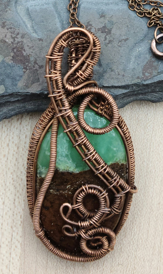 Antique Copper Woven Wire Framed Apple Green & Brown Bio Chrysoprase Oval Pendant